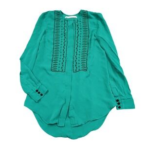 Veronica Beard Embroidered Blouse Womens S Green Silk Blend Long Sleeve Boho Top